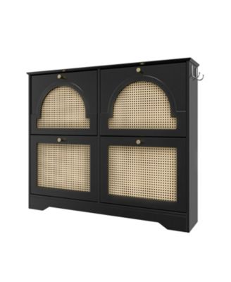 Streamdale Mid-Century Narrow Shoe Cabinet - 4 Flip Drawers, Rattan Doors, Hooks, Black