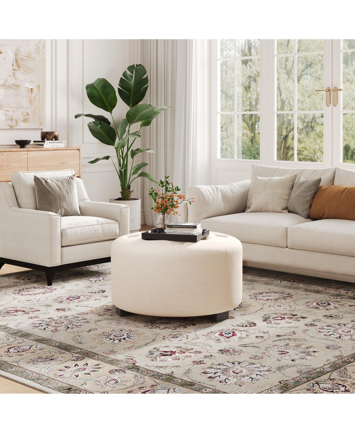 Streamdale FurnitureUpholstered Button Tufted Round Ottoman, Beige, Small version