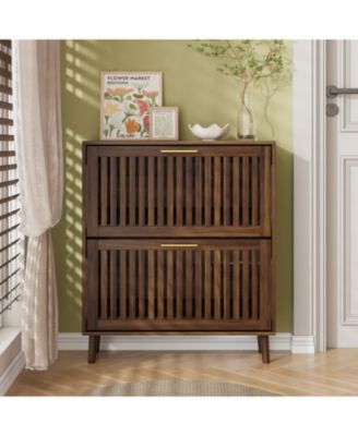 + 2 Pc. + Walnut + 2 Flip Drawers + Shoe Cabinet