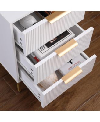 Mid-Century Modern Nightstand with Gold Legs & Wavy Drawers - White