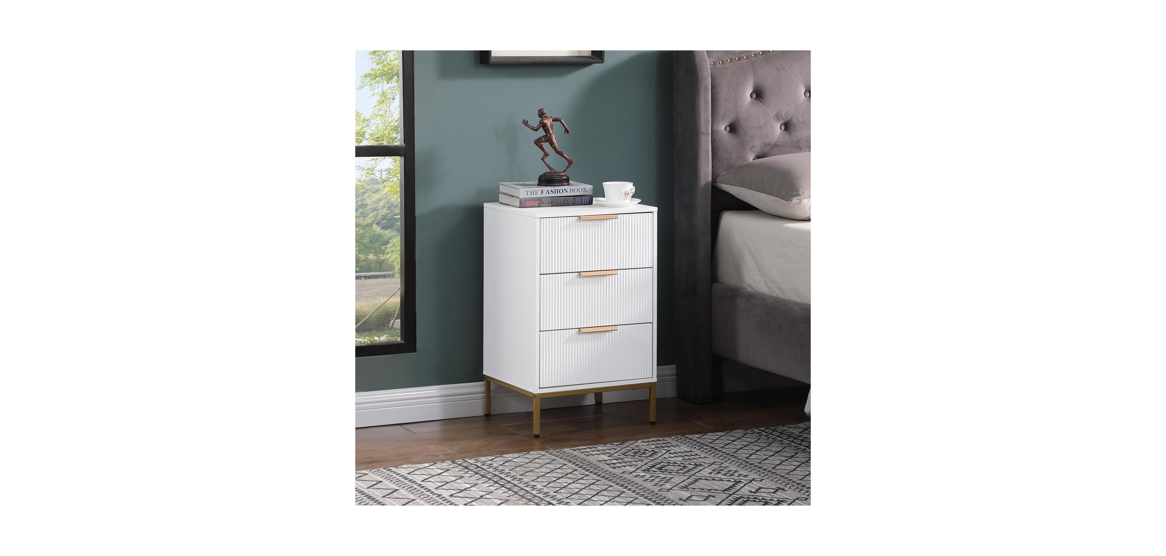 Streamdale Furniture Mid-Century Modern Nightstand with Gold Legs & Wavy Drawers - White