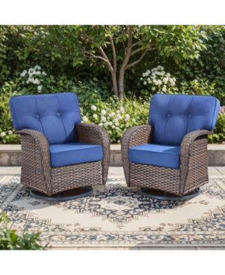 T-Frame Brown Wicker Outdoor Swivel Glider Chairs with Olefin 5 In. Thick Cushions 2-Pack）