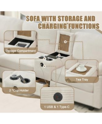  L-Shape Corduroy Sofa- 4-Seater, USB, Storage, Console & Ottoman