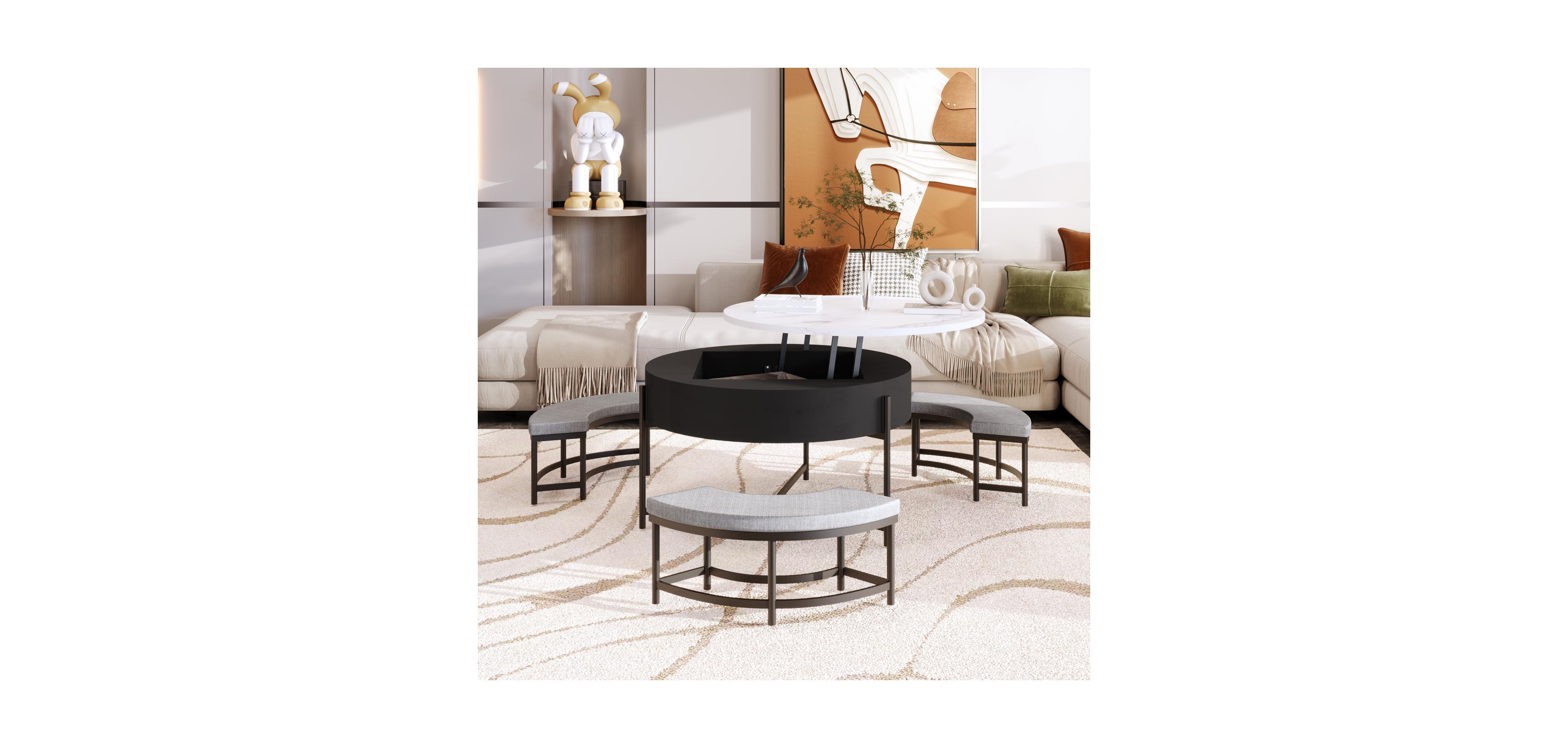 Streamdale Furniture Round Lift-Top Coffee Table with Storage and 3 Ottoman