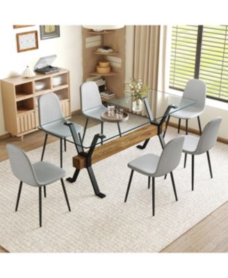 79" Table & 6 Gray Linen Chairs Black Metal Legs