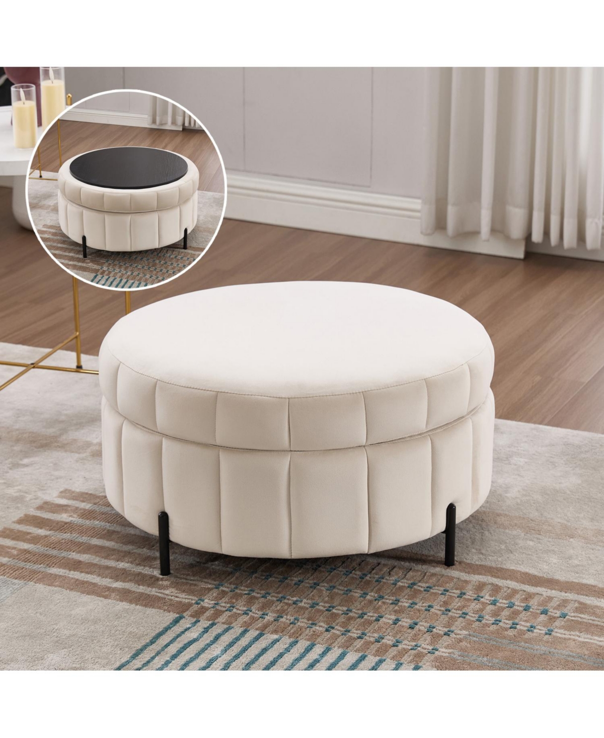 Streamdale Furniture 31.5" Beige Velvet Storage Ottoman with Reversible Lid