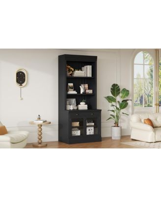 Modern Bookcase with Glass Doors & Drawer - Black