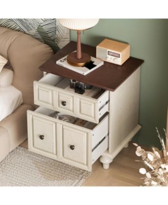 Vintage Nightstand 2 Drawers Roman Legs Solid Wood (Antique White)