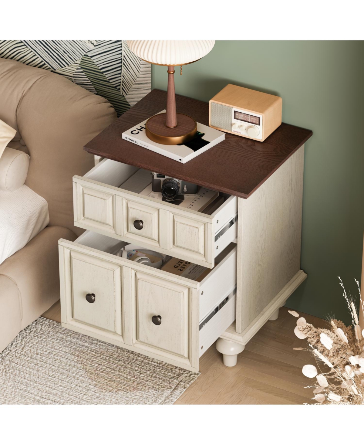 Streamdale Furniture Vintage Nightstand 2 Drawers Roman Legs Solid Wood (Antique White)