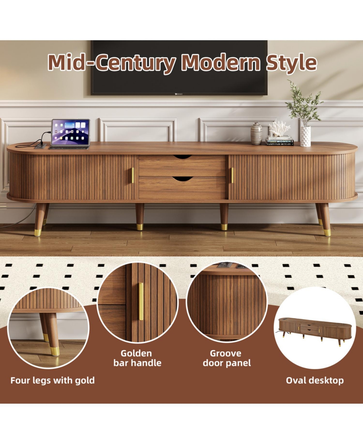 Streamdale Furniture Streamdale Wooden Oval Tv Stand with Charging Station, Mid-Century Media Console, Walnut
