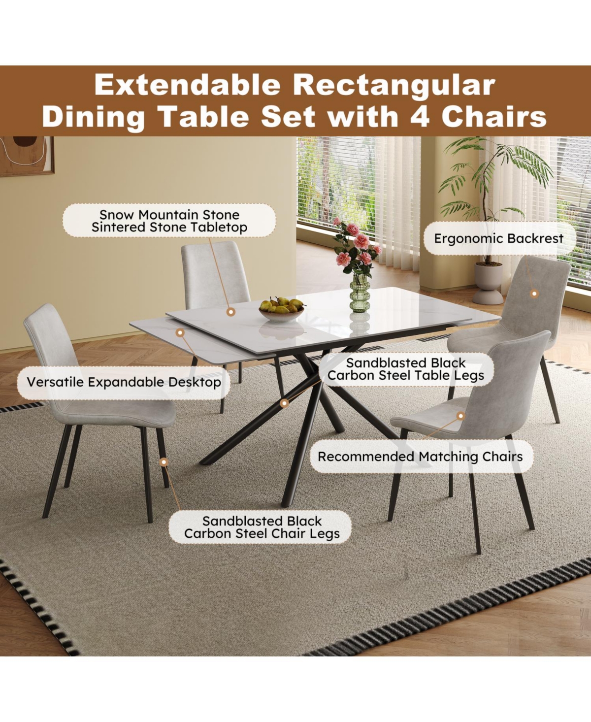 Streamdale Furniture Retractable Sintered Stone Dining Set (Table + 4 Chairs)