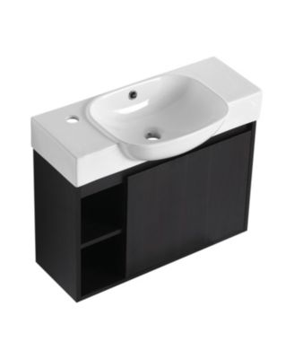  26" Wall-Mount Vanity, Ceramic Sink, Soft-Close, Dark Oak