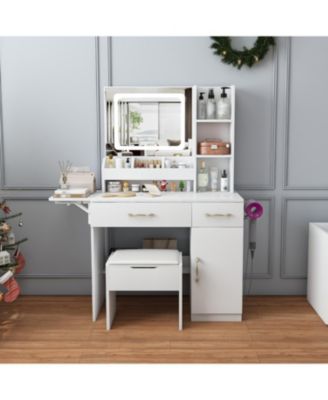 Streamdale Vanity Desk with LED Mirror Power Outlet 3 Drawers 7 Shelves & Stool