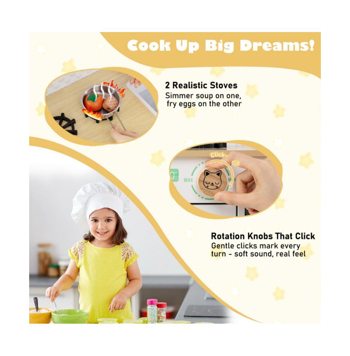 Hongge Kids Wooden Play Kitchen Set with Storage and Accessories for Imaginative Cooking