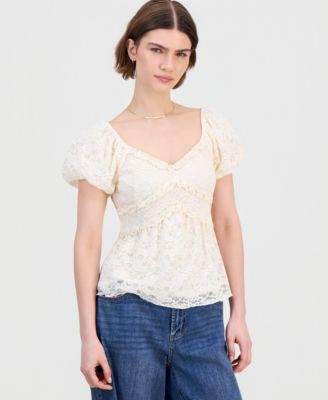 Juniors' Lace Puff-Sleeve Babydoll Top