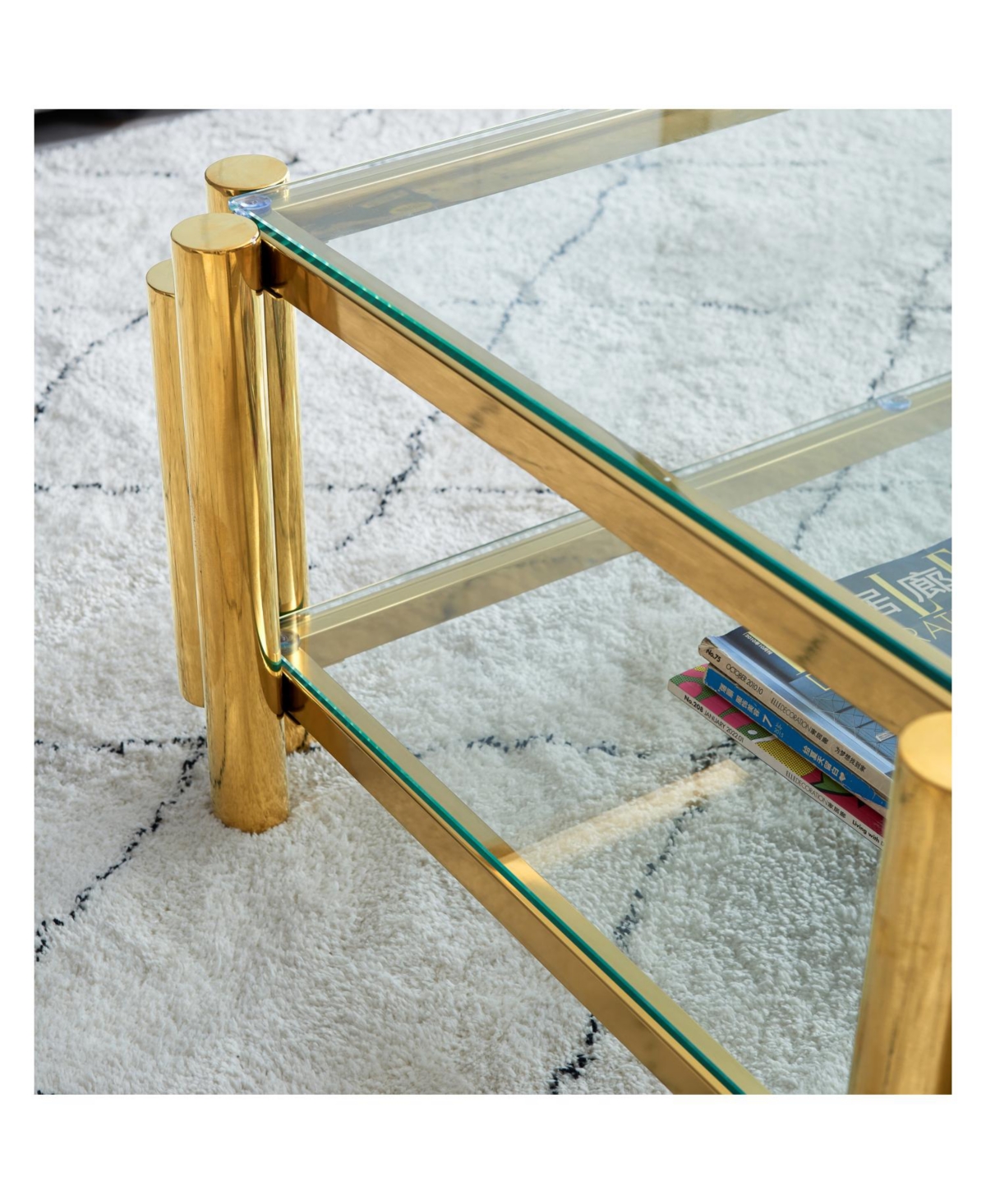 Streamdale Furniture 47" Modern Stainless Steel Coffee Table with Double Clear Tempered Glass, Storage