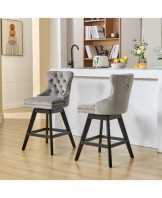 Gray Velvet Swivel Barstools Button Tufted Set of 2