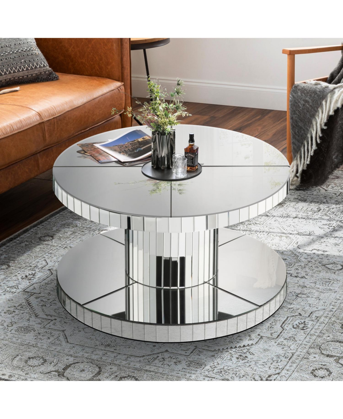 Streamdale Furniture Luxury Round Mirror Coffee Table - Fluted Glass 31.5"