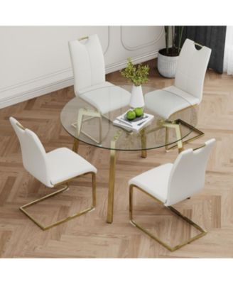 Modern Glass Circle Table & White PU Chairs (Set of 5)