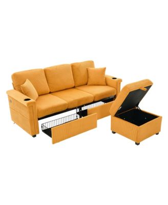 L-Shaped Sectional Sofa w/ Storage Ottoman, USB, Cup Holder, Corduroy