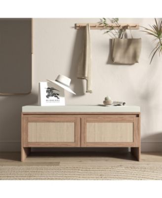  Rattan Storage Bench with Cushion & Shoe Cabinet - Natural Finish