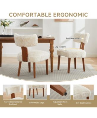 Fur Fabric Armless Dining Chairs, Curved Back, Wood Legs, Ivory (Set of 2