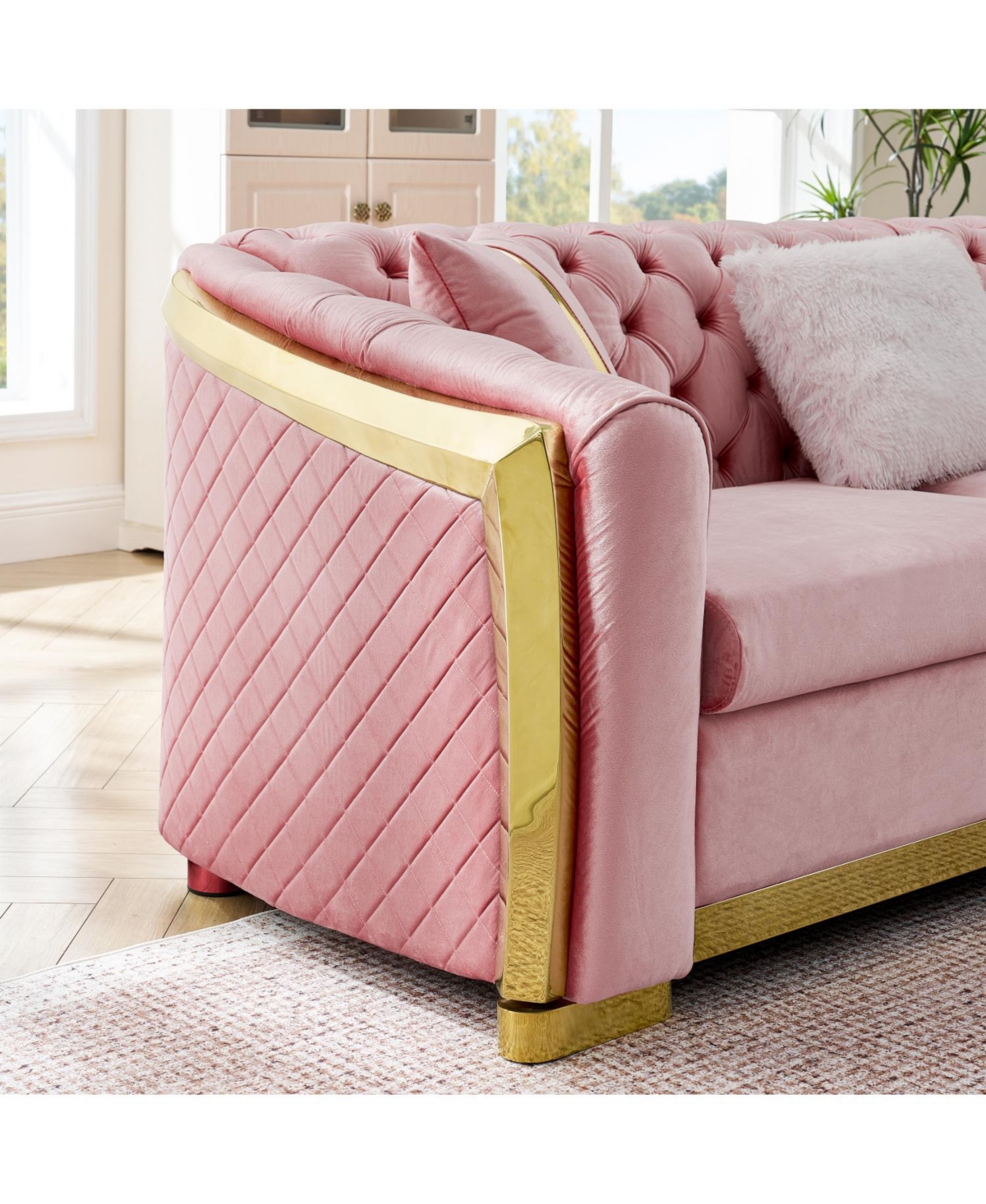 Streamdale Furniture L-Shaped Chesterfield Velvet Sectional Sofa, Gold Accents, 5 Pillows