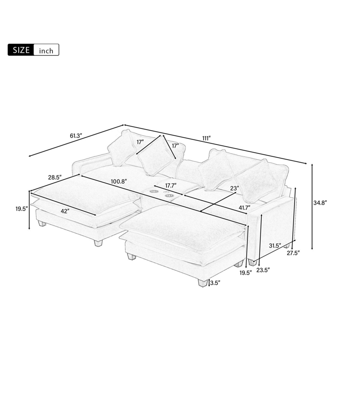 Streamdale Furniture 111" Chenille Sectional Sofa w/ Ottomans, Usb, Cup Holders & Storage