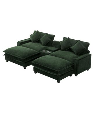 111" Chenille Sectional Sofa w/ Ottomans, USB, Cup Holders & Storage