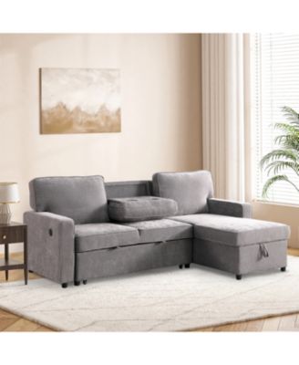 Grey Sectional Sleeper Sofa with Storage, USB & Cup Holders