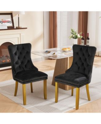 Mid-Century Tufted Velvet Dining Chairs, Lion Head Ring, Gold Legs, Blue, 2-Pcs