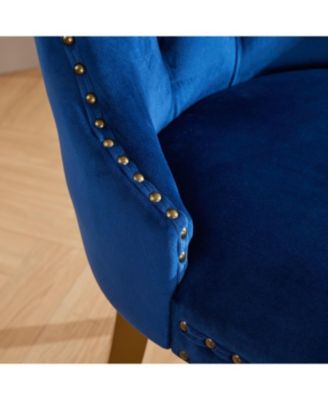 Mid-Century Tufted Velvet Dining Chairs, Lion Head Ring, Gold Legs, Blue, 2-Pcs