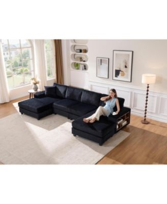 Convertible Corduroy U-Shaped Sofa, Modern 4 Seat Couch