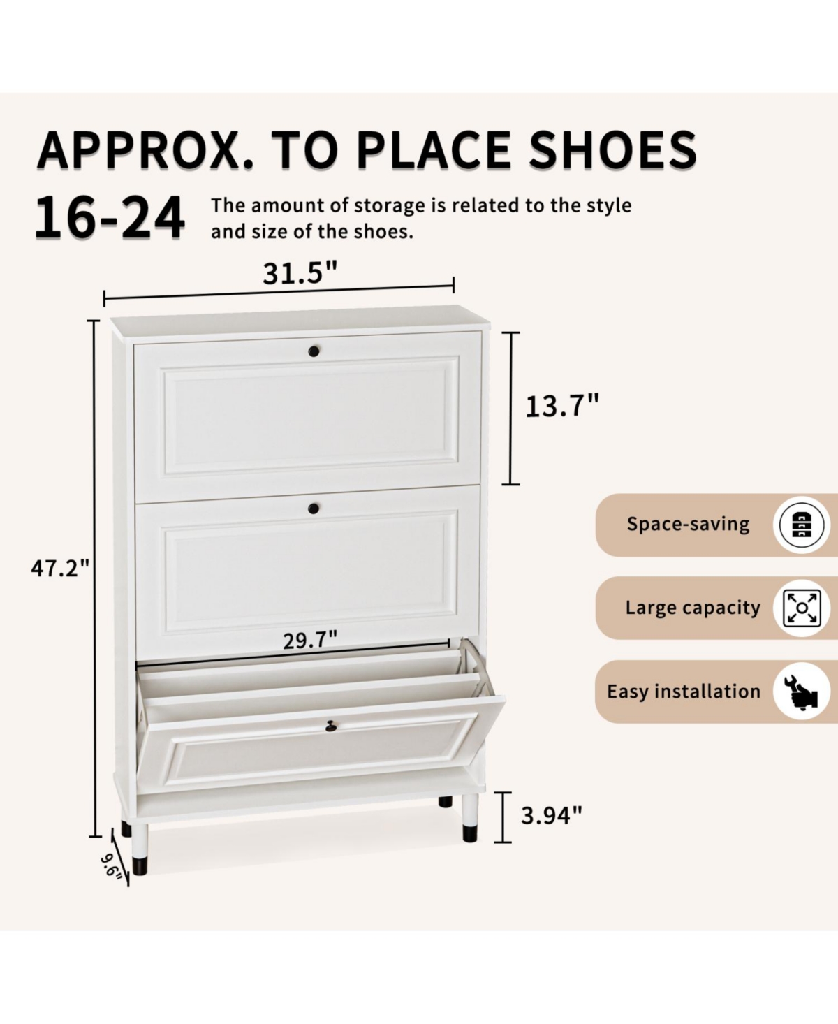 Streamdale Furniture Narrow Shoe Cabinet with 3 Flip Drawers