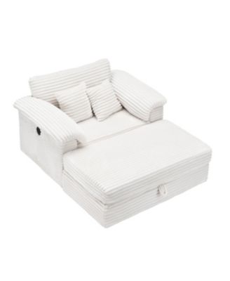 Corduroy Armchair Set w/ USB Ports & Storage Stool - White