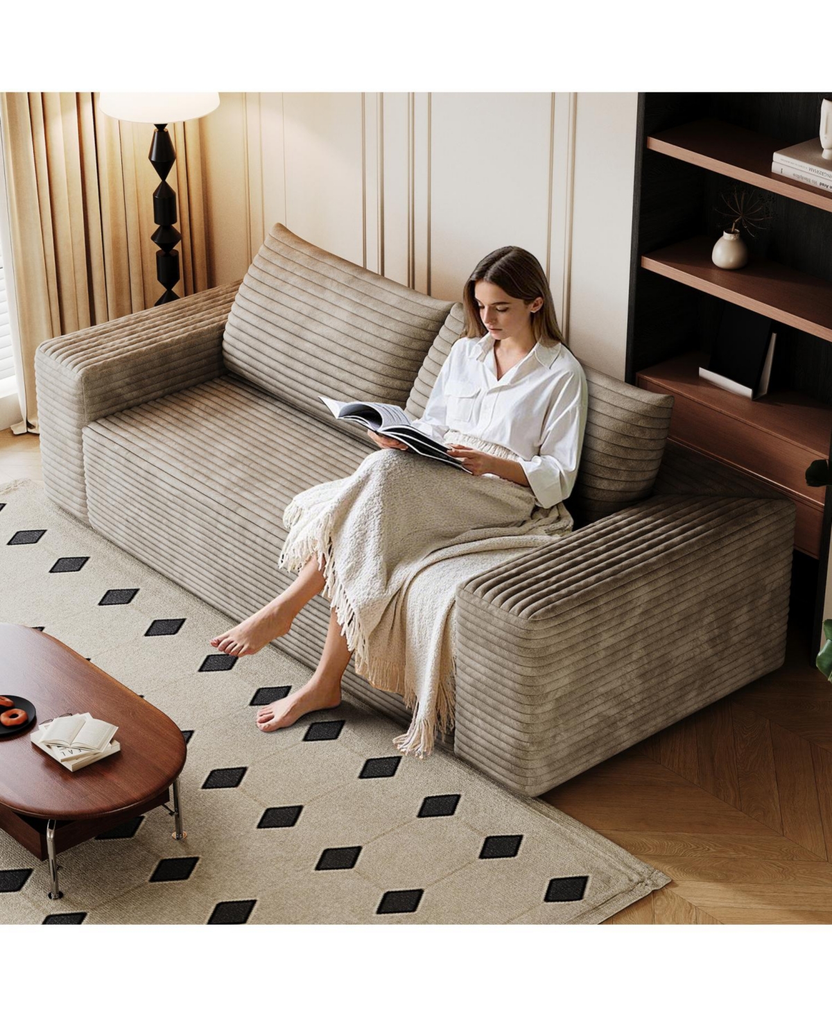 Streamdale Furniture Camel 63" Corduroy Sofa Deep Seat Loveseat No Assembly Required