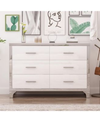  Elegant High Gloss Dresser with Metal Handle, Mirrored Storage Cabinet with 6 Drawers