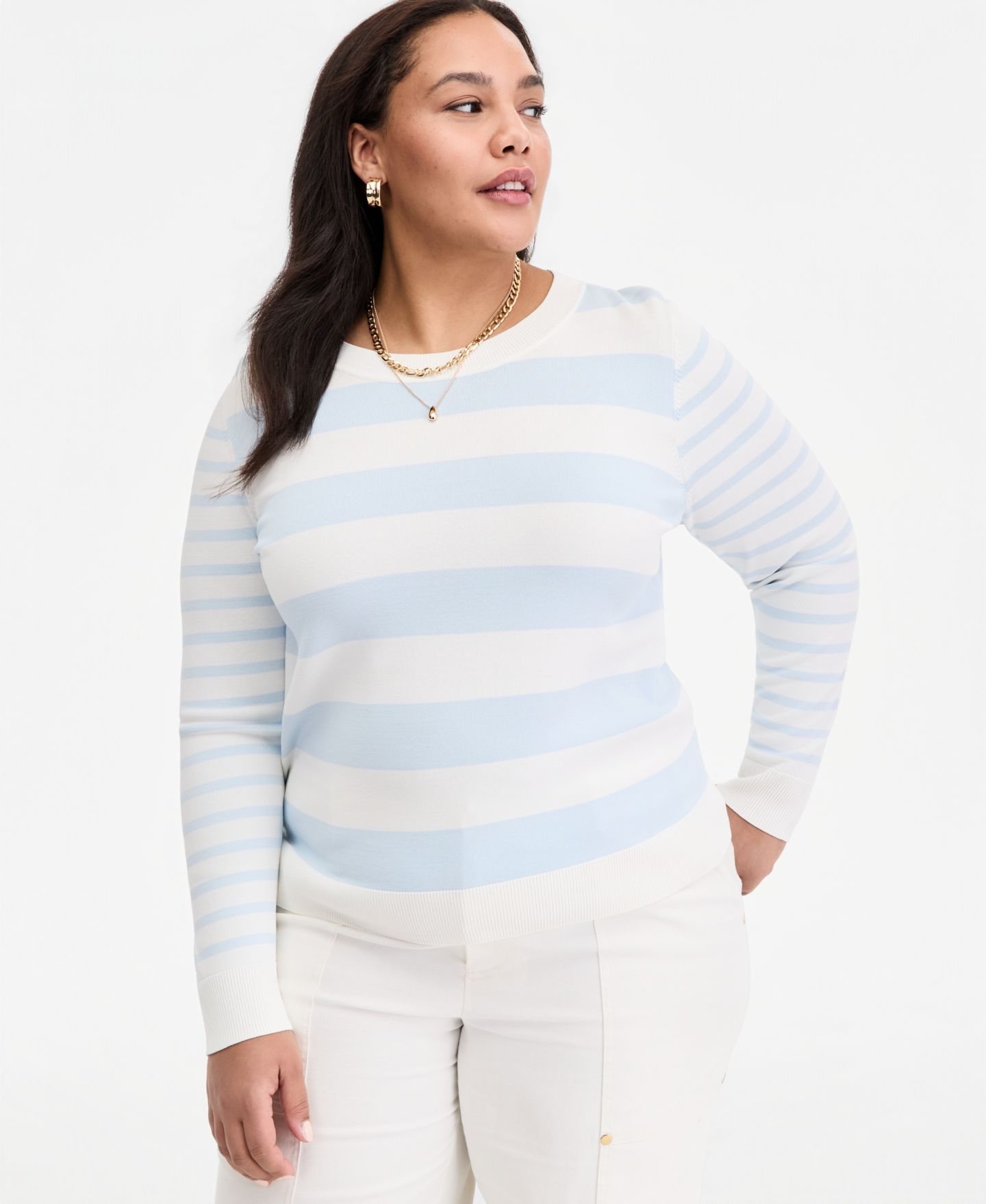 Женский свитер On 34th Trendy Plus Size Striped Long-Sleeve Sweater, цвет: Бриллиантовый — фото 1