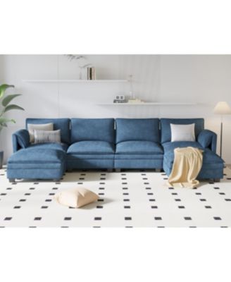141.5" U-Shaped Sofa Couch with Ottoman & Pockets