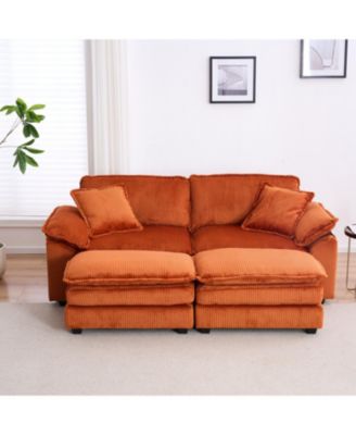 Corduroy 2-Seat Sofa w/ Pillows & Ottomans