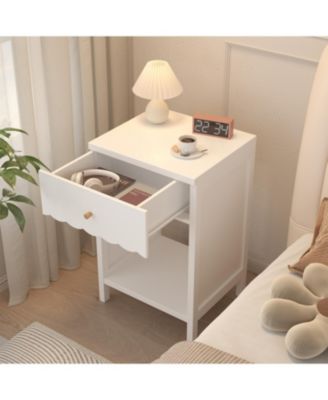 White Nightstand with Drawer & Shelf, Scalloped Edge Bedside Table