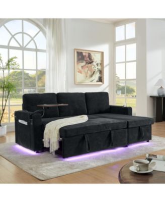Streamdale Chenille Pull-Out Sofa Bed w/ Table, LED, USB & Cup Holders