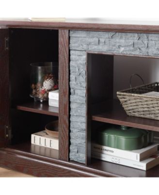 58" Modern TV Stand, 2-Door Storage, Faux Stone Media Console, Cherry