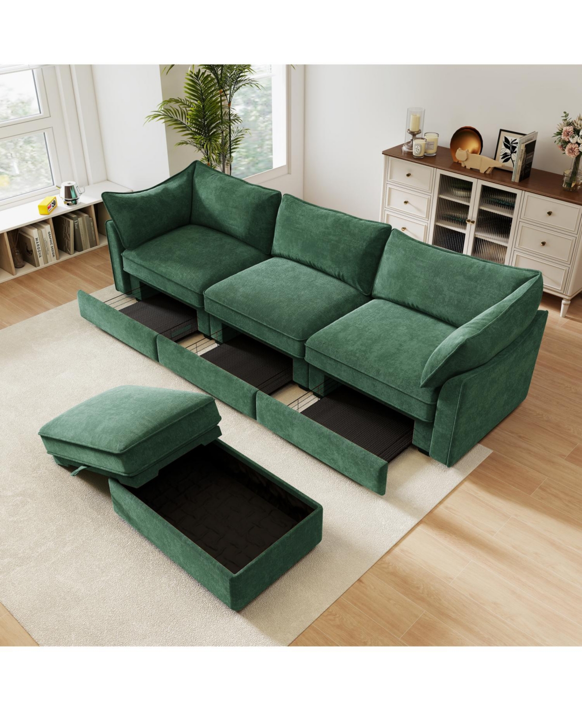 Streamdale Furniture L-Shaped Sectional Sofa, Ottoman, Wide Deep Seat, Chenille