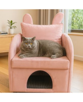 Velvet Pink Bunny-Ear Pet-Friendly Armchair with Cat & Dog Hideaway