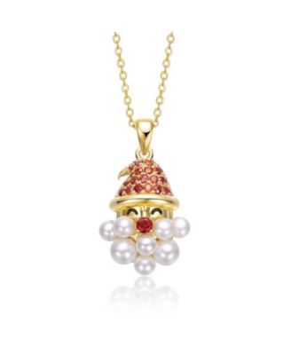Teens 14K Gold Plated Pearl CZ Whimsical Santa Pendant Necklace
