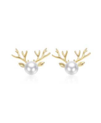 Teens 14K Gold Plated Pearl Animal Head Shaped Stud Earring
