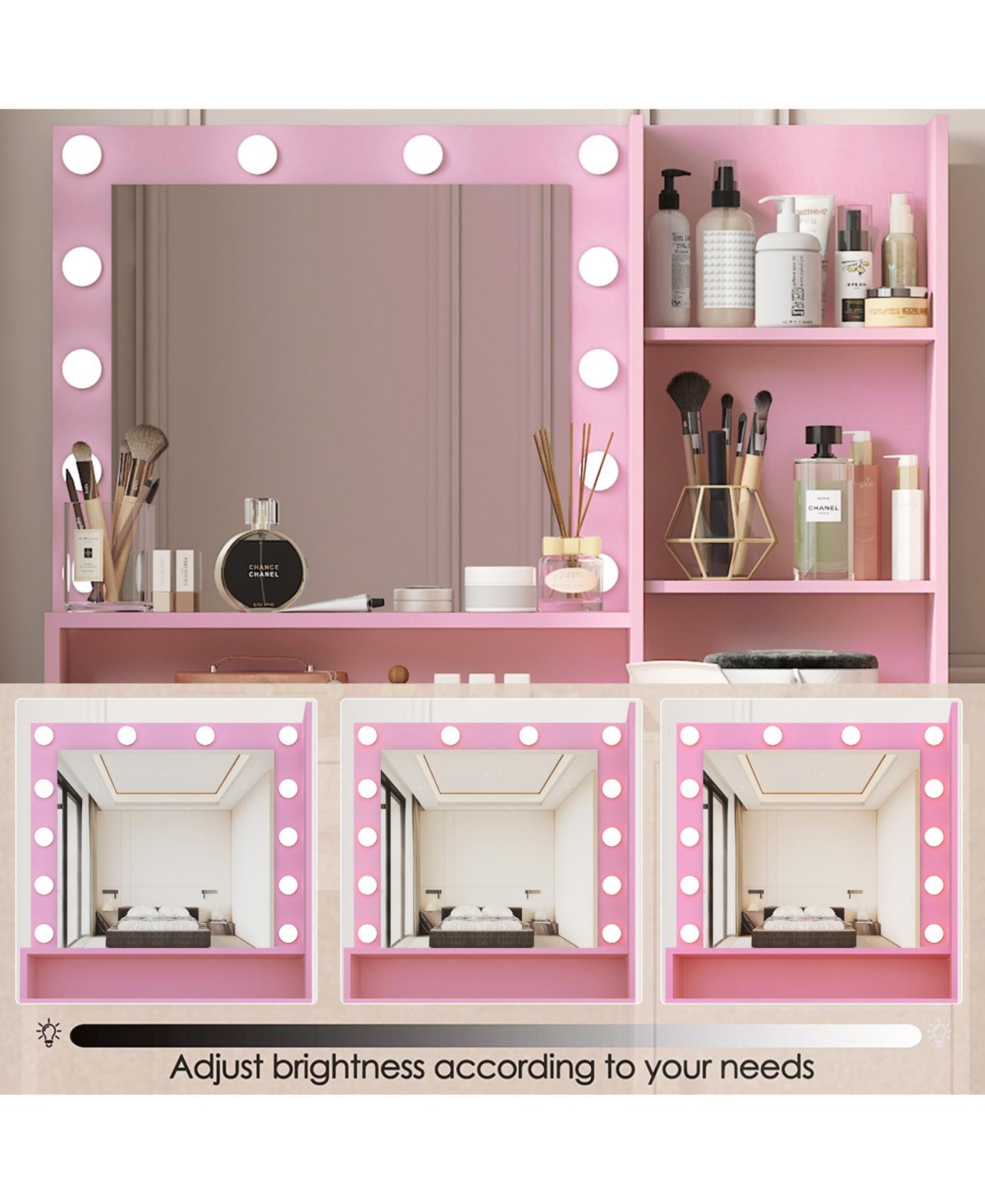 Streamdale Furniture Vanity Desk with Mirror, 3-Level Storage Dresser, Adjustable Lighting