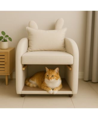 Beige Bunny-Ear Pet-Friendly Armchair with Cat & Dog Hideaway
