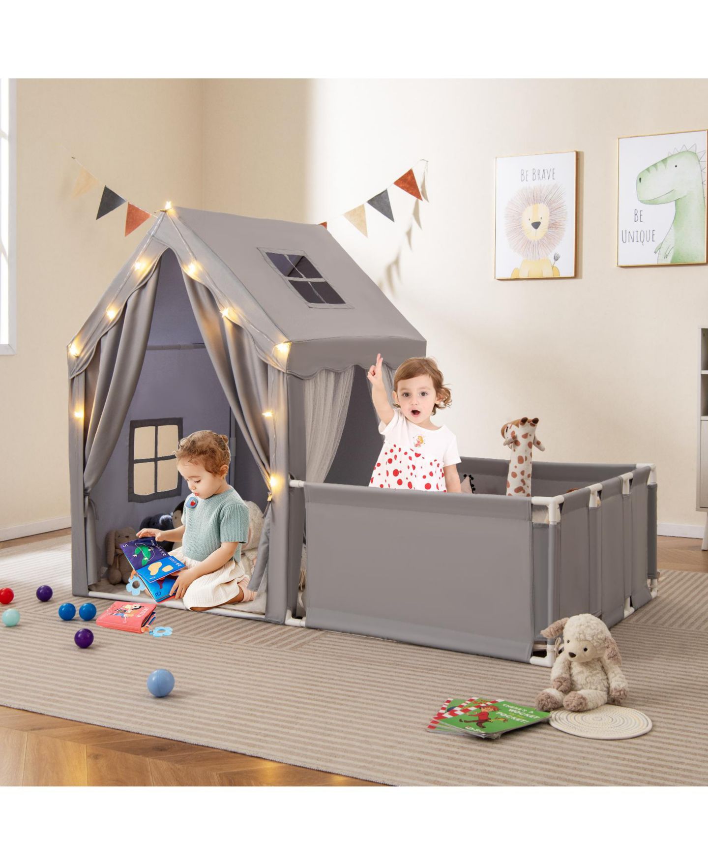 Детские игрушки Gymax Star Lights 3-Piece Play Tent with Playpen Set, Ages 3+, цвет: Серый — фото 5